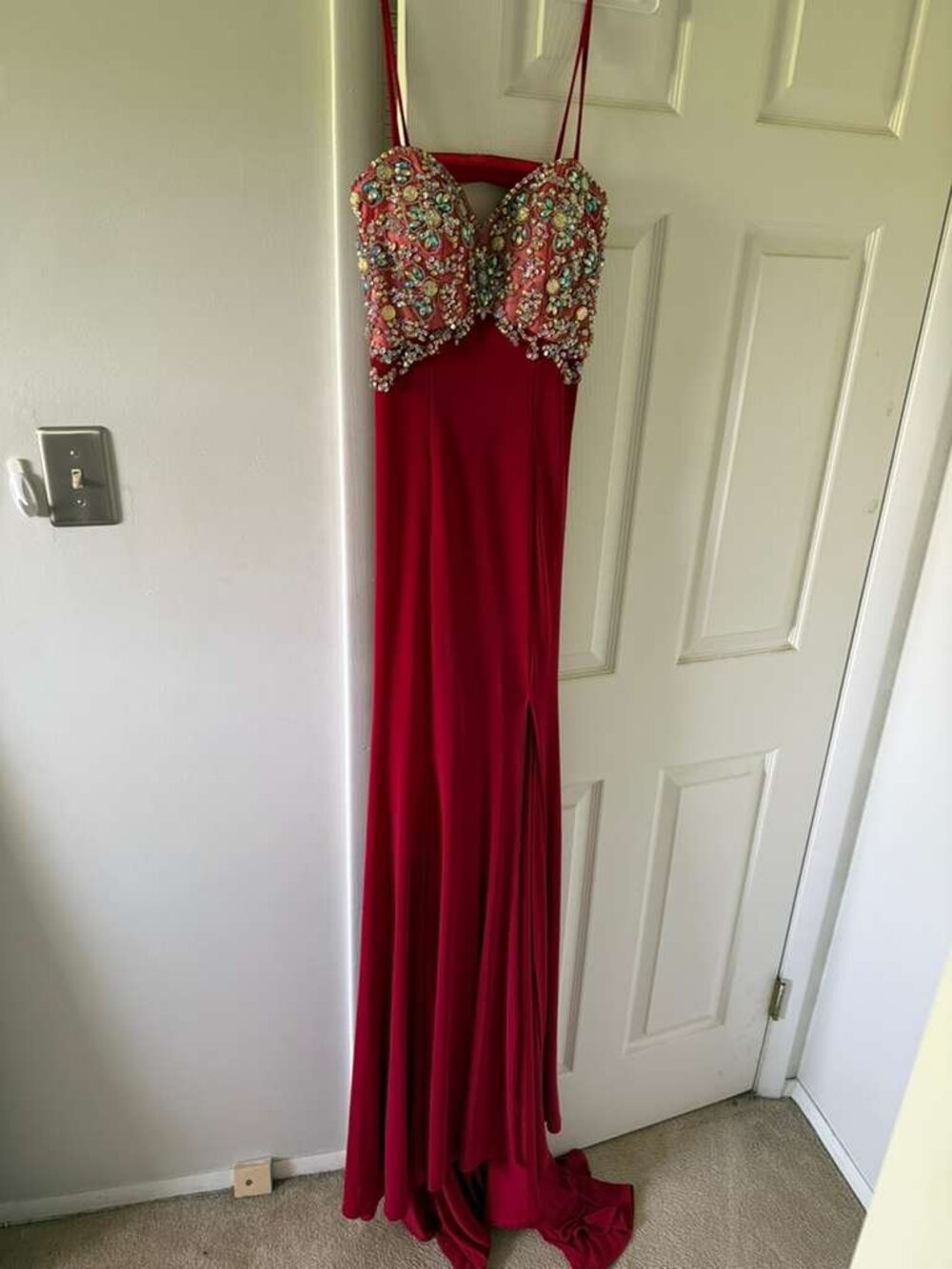 Elegant Red Rhinestone Prom/Pageant Dress with Slit with Open Back